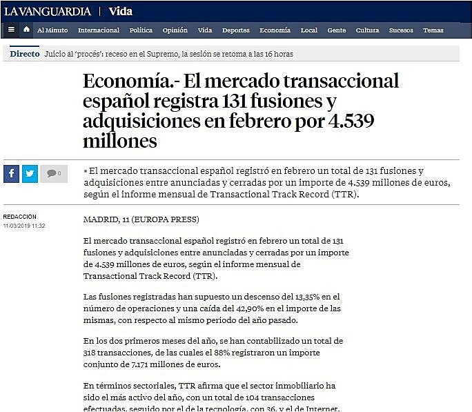 El mercado transaccional espaol registra 131 fusiones y adquisiciones en febrero por 4.539 millones